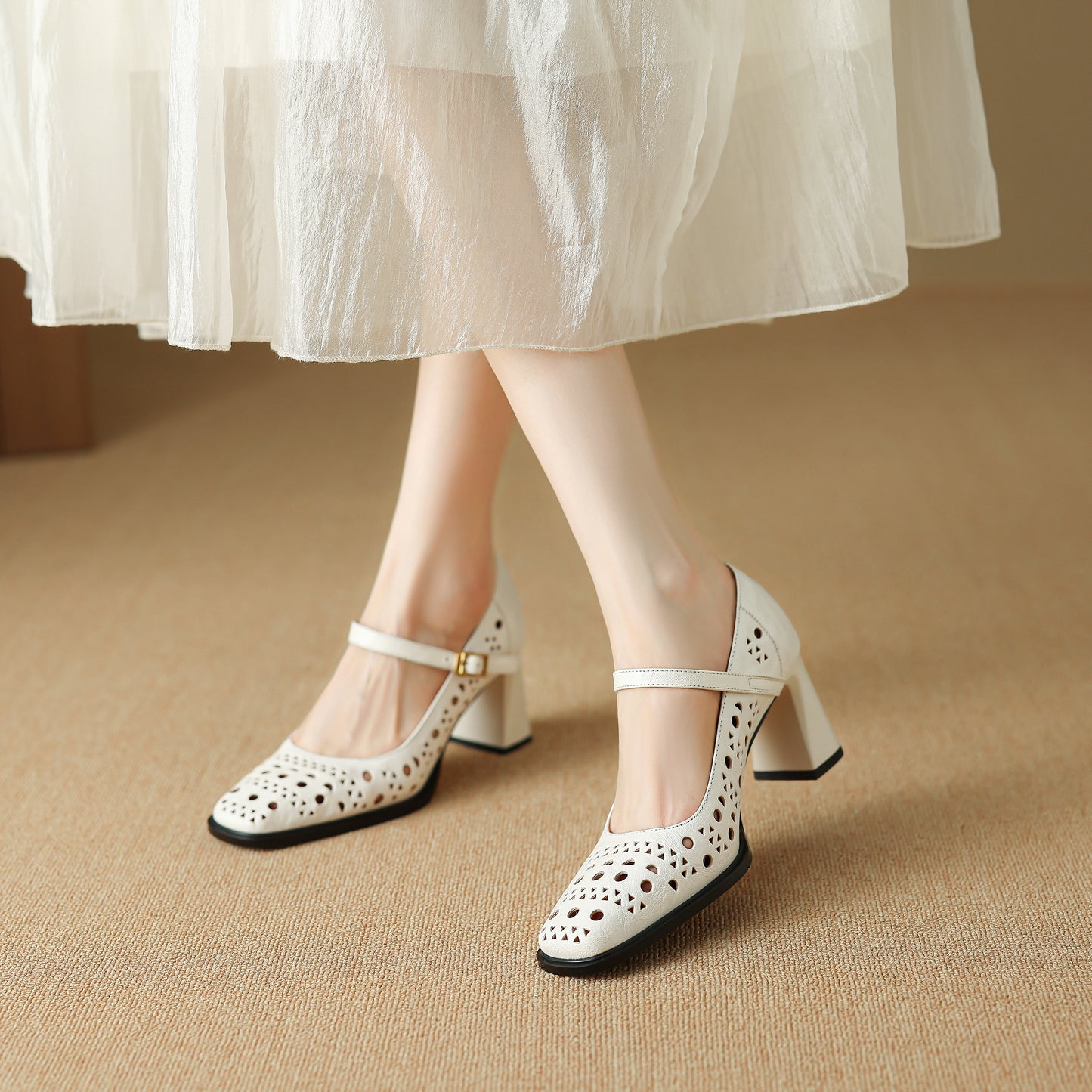 TinaCus Handmade Women's Genuine Leather Breathable Square Toe Mary Jane Pumps Shoes