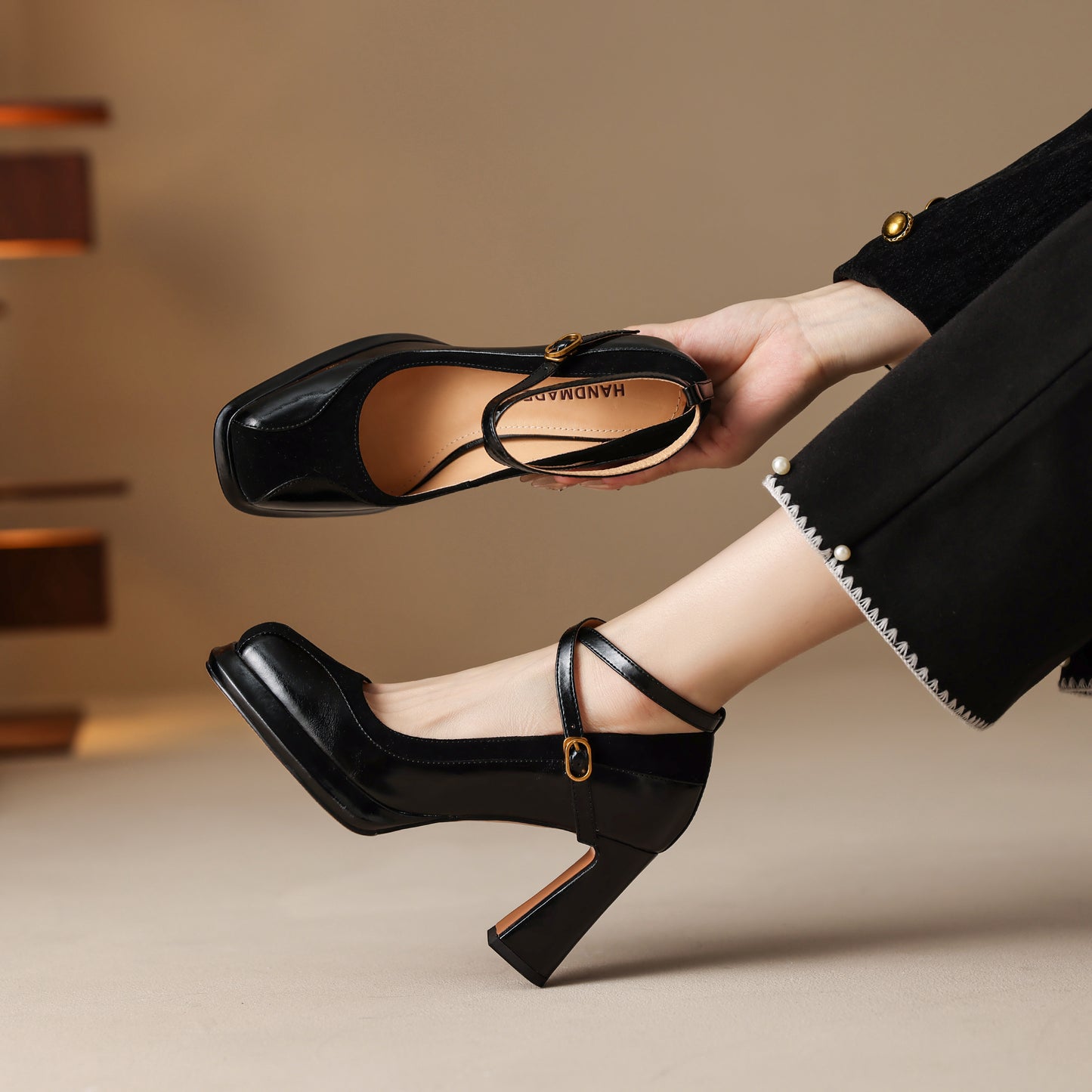 TinaCus Handmade Women's Genuine Leather Ankle Strap Patchwork Square Toe Pumps