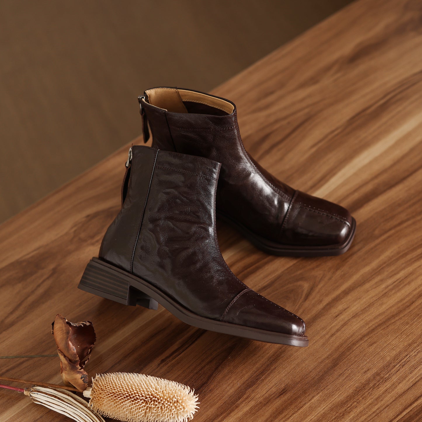 TinaCus Women's Ankle Booties Handmade Genuine Leather Back Zipper Square Toe Stacked Heel Dress Casual