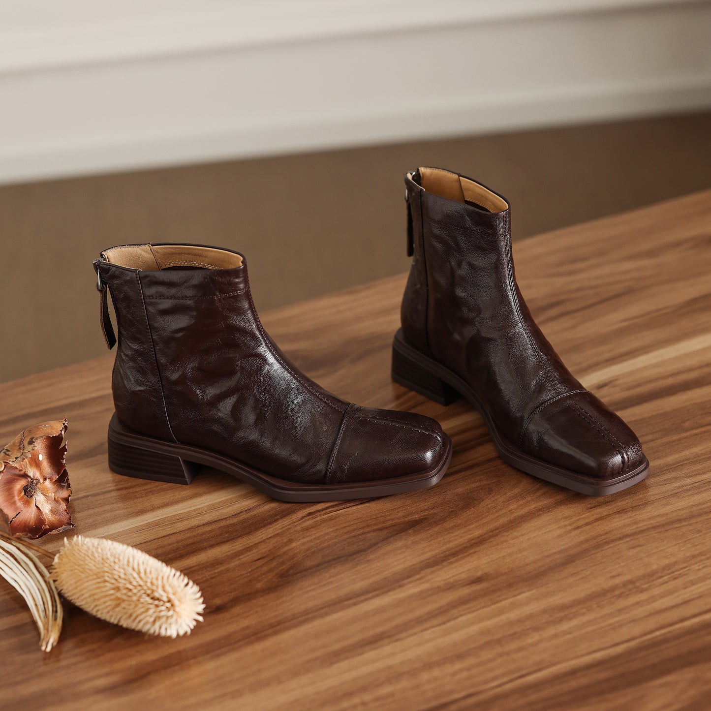 TinaCus Women's Ankle Booties Handmade Genuine Leather Back Zipper Square Toe Stacked Heel Dress Casual