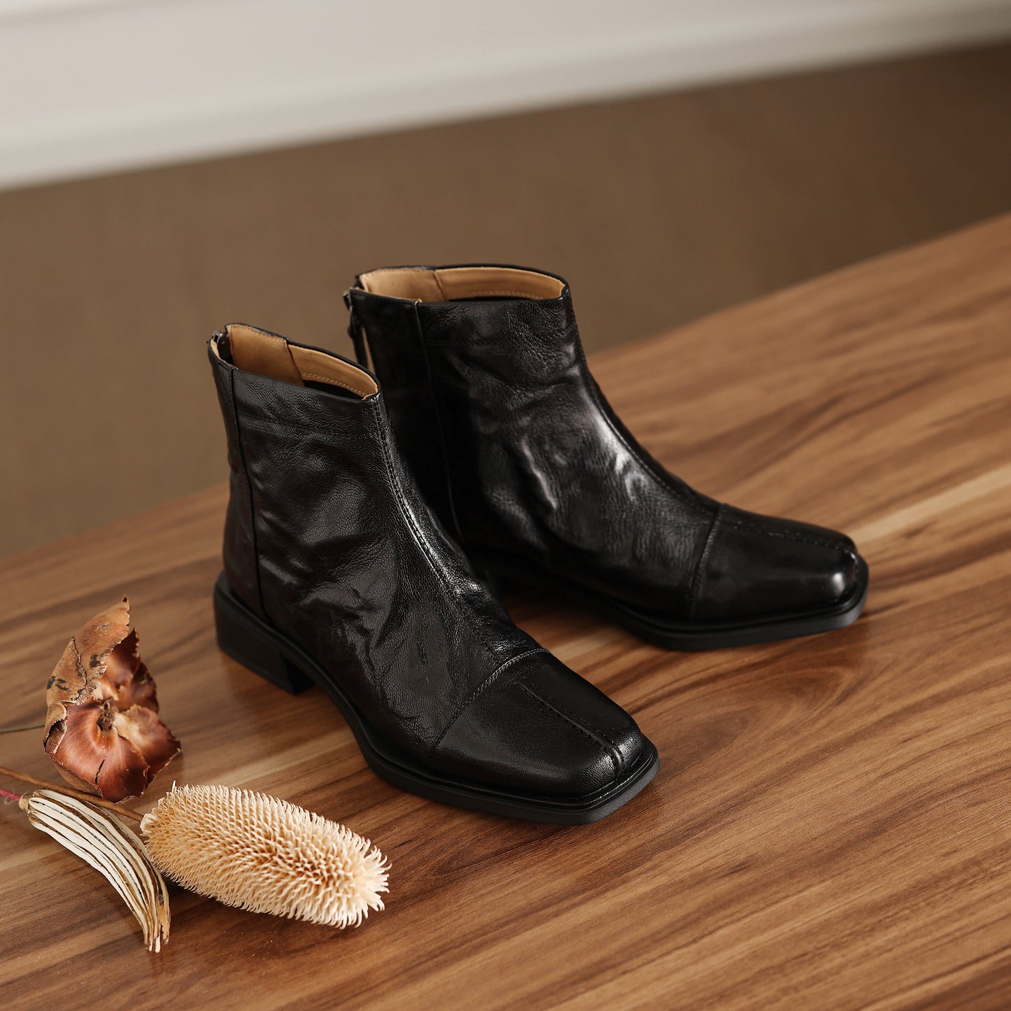 TinaCus Women's Ankle Booties Handmade Genuine Leather Back Zipper Square Toe Stacked Heel Dress Casual