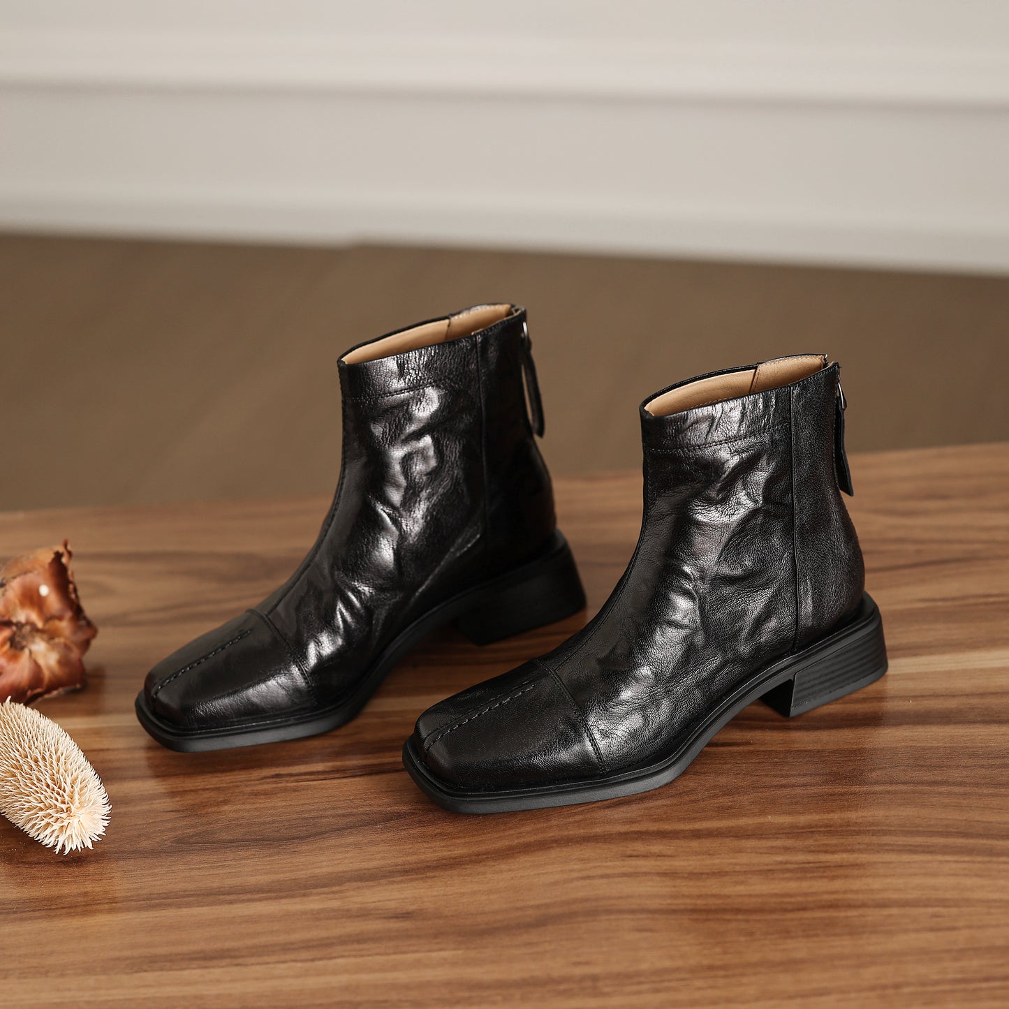 TinaCus Women's Ankle Booties Handmade Genuine Leather Back Zipper Square Toe Stacked Heel Dress Casual