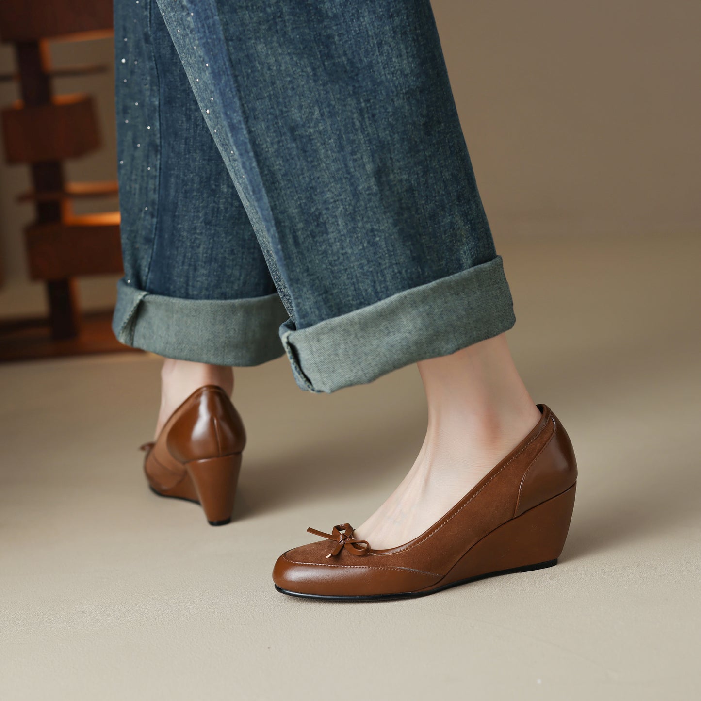 TinaCus Handmade Women's Suede Leather Round Toe Slip On Mid Wedge Heel Pumps Shoes