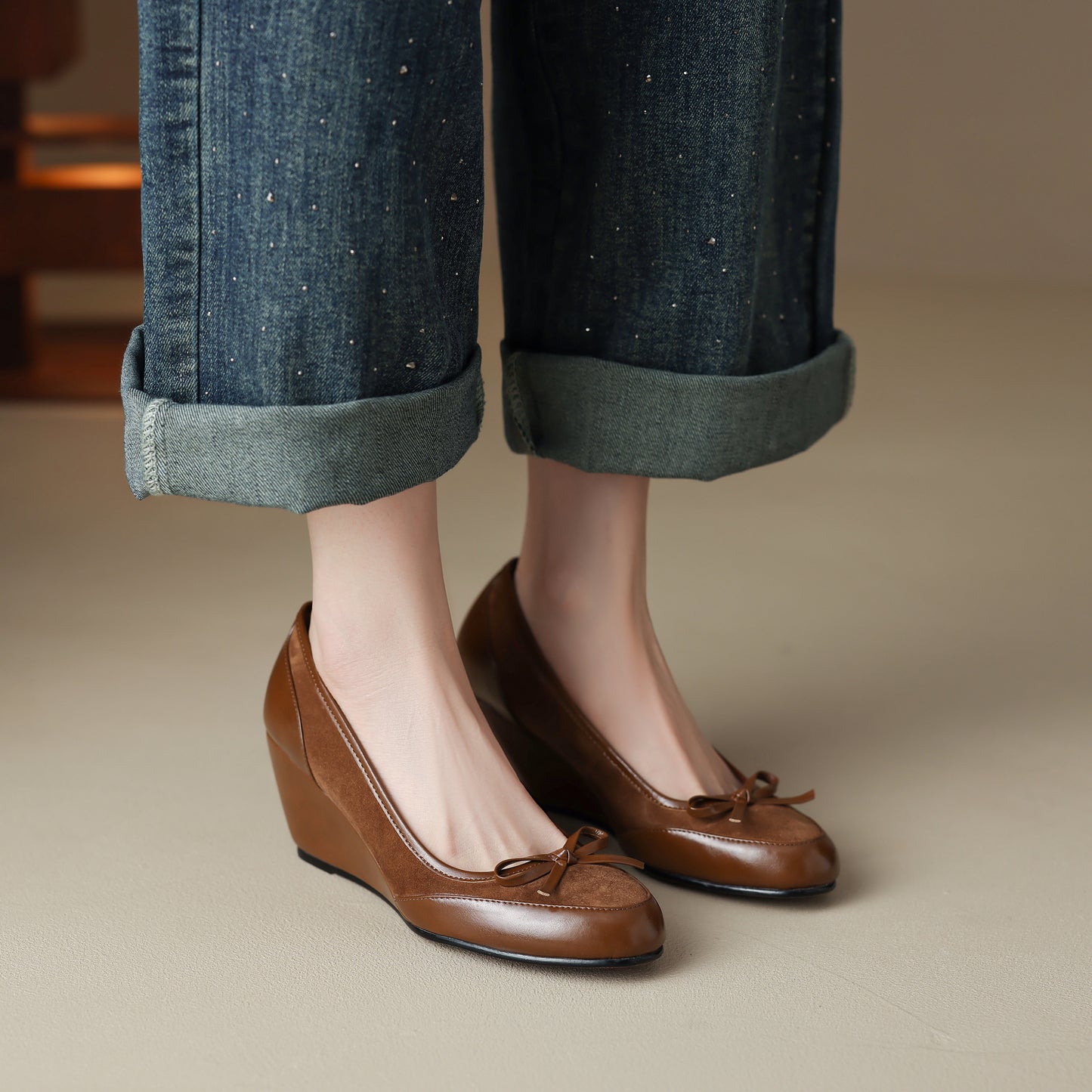 TinaCus Handmade Women's Suede Leather Round Toe Slip On Mid Wedge Heel Pumps Shoes