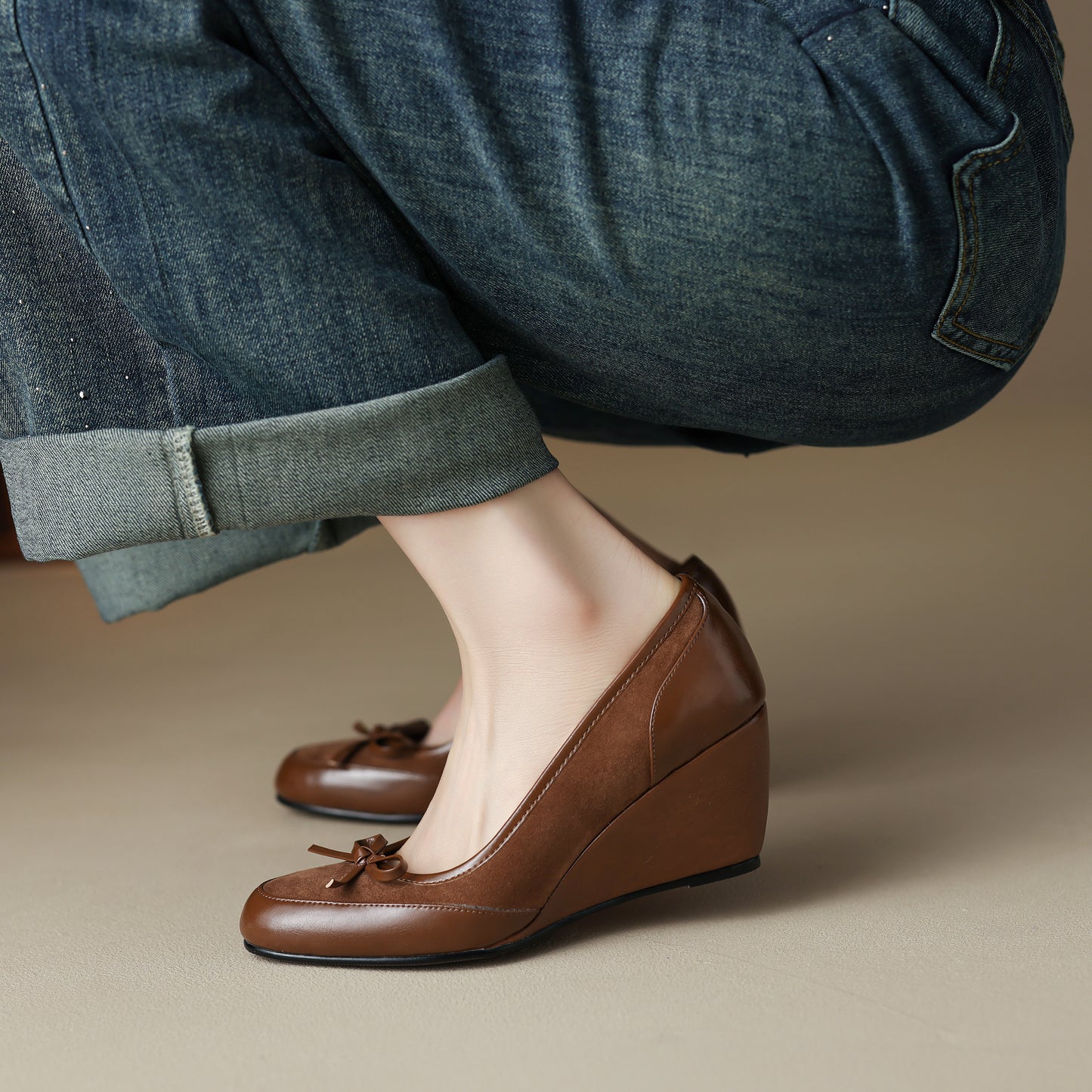 TinaCus Handmade Women's Suede Leather Round Toe Slip On Mid Wedge Heel Pumps Shoes