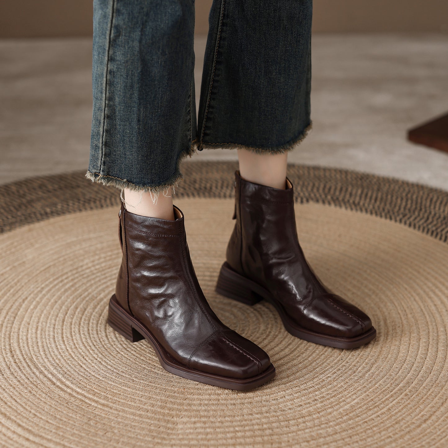 TinaCus Women's Ankle Booties Handmade Genuine Leather Back Zipper Square Toe Stacked Heel Dress Casual