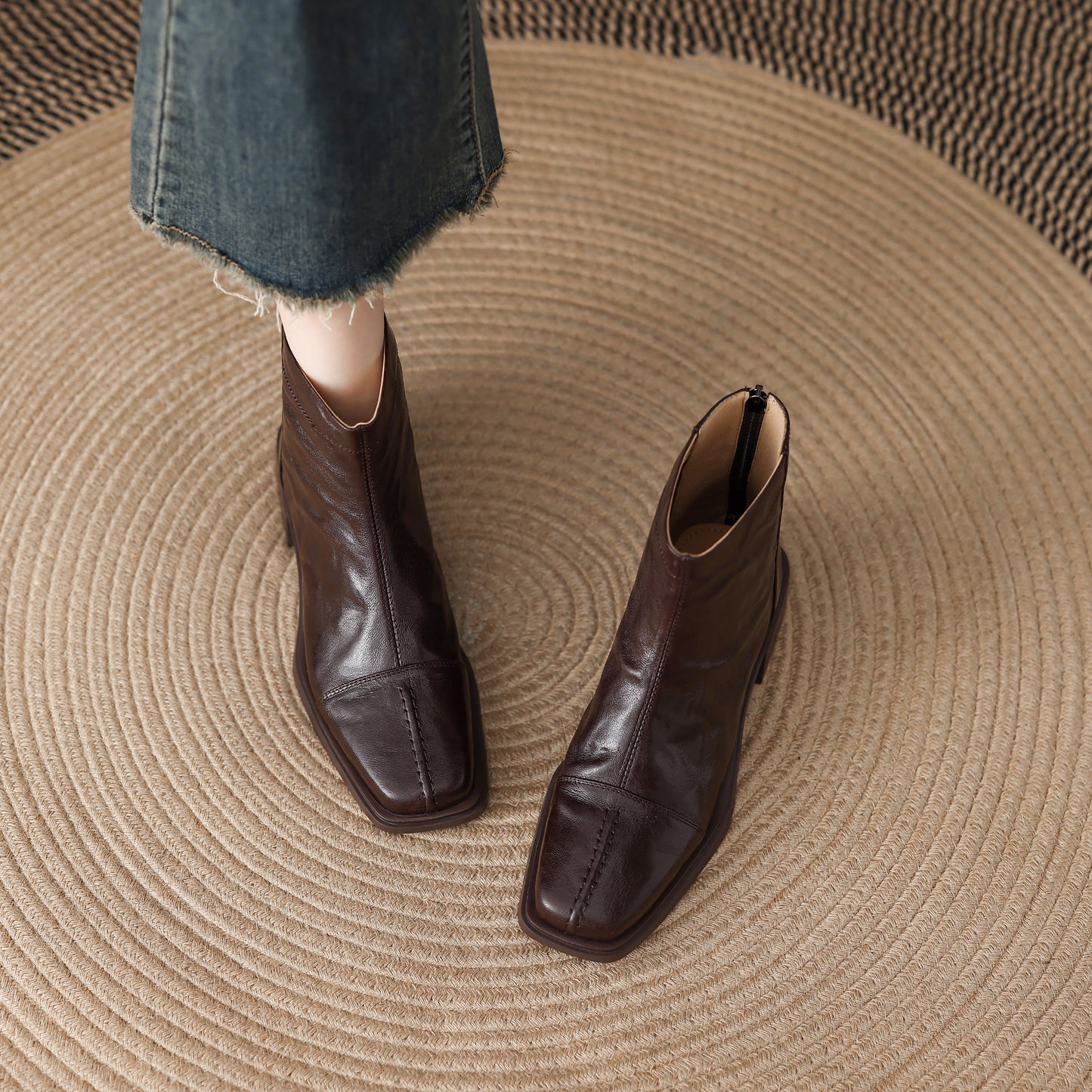 TinaCus Women's Ankle Booties Handmade Genuine Leather Back Zipper Square Toe Stacked Heel Dress Casual