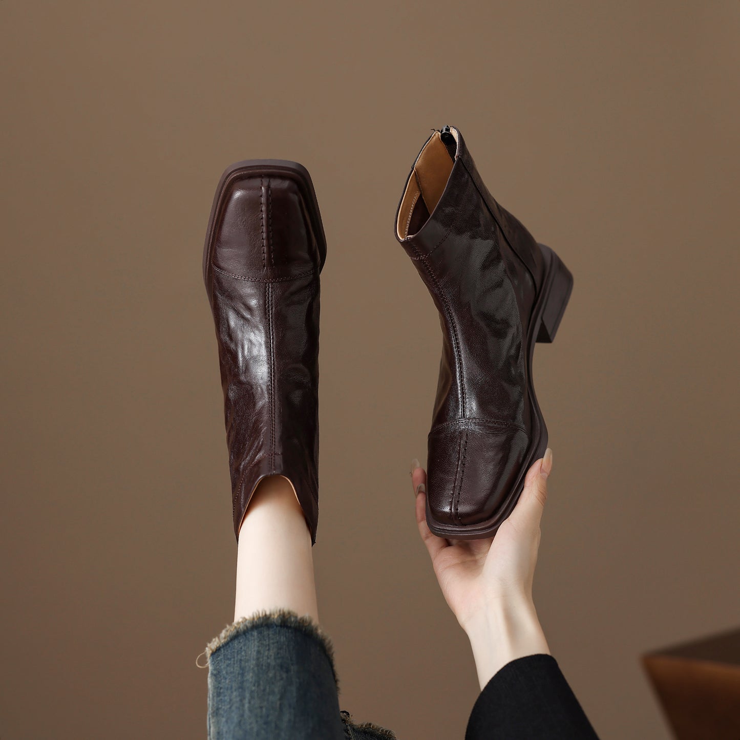 TinaCus Women's Ankle Booties Handmade Genuine Leather Back Zipper Square Toe Stacked Heel Dress Casual