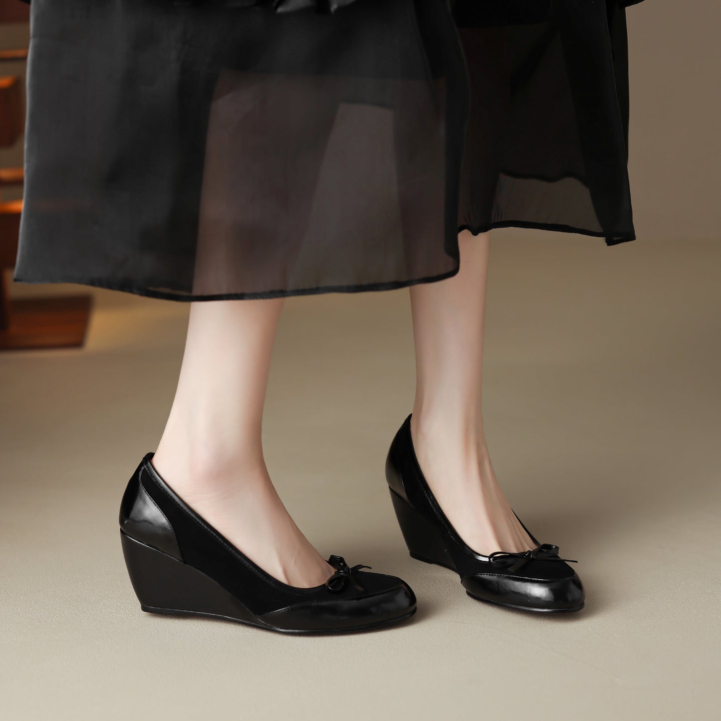 TinaCus Handmade Women's Suede Leather Round Toe Slip On Mid Wedge Heel Pumps Shoes