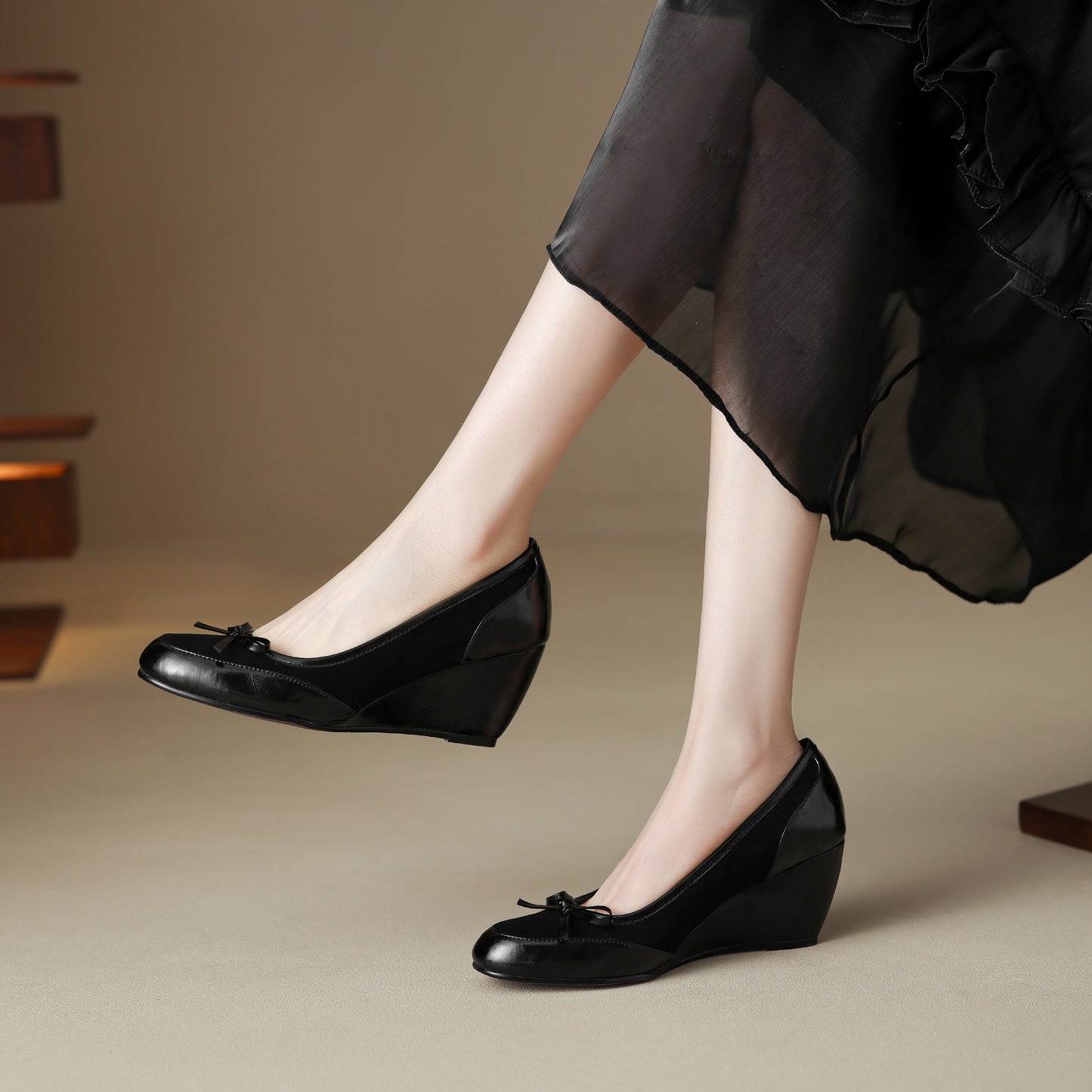 TinaCus Handmade Women's Suede Leather Round Toe Slip On Mid Wedge Heel Pumps Shoes