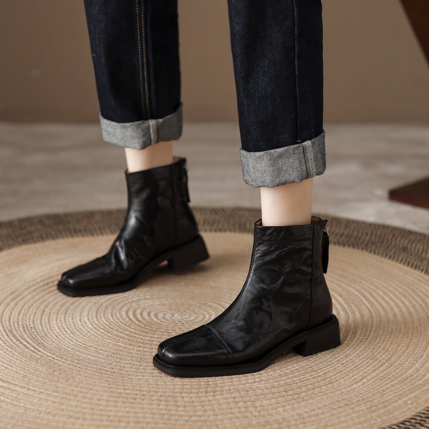 TinaCus Women's Ankle Booties Handmade Genuine Leather Back Zipper Square Toe Stacked Heel Dress Casual