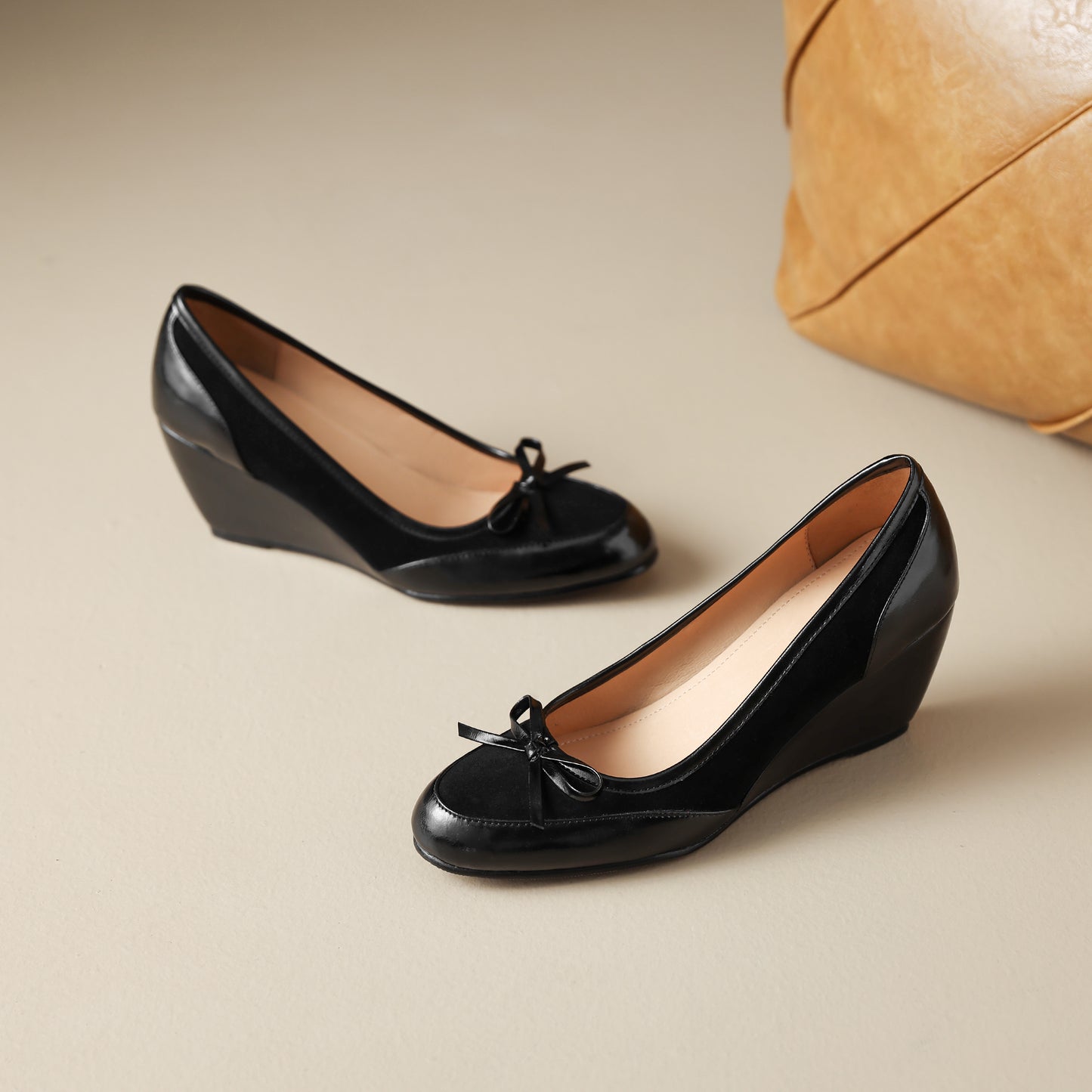 TinaCus Handmade Women's Suede Leather Round Toe Slip On Mid Wedge Heel Pumps Shoes