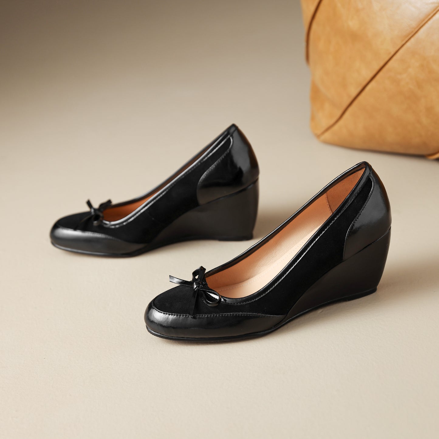 TinaCus Handmade Women's Suede Leather Round Toe Slip On Mid Wedge Heel Pumps Shoes