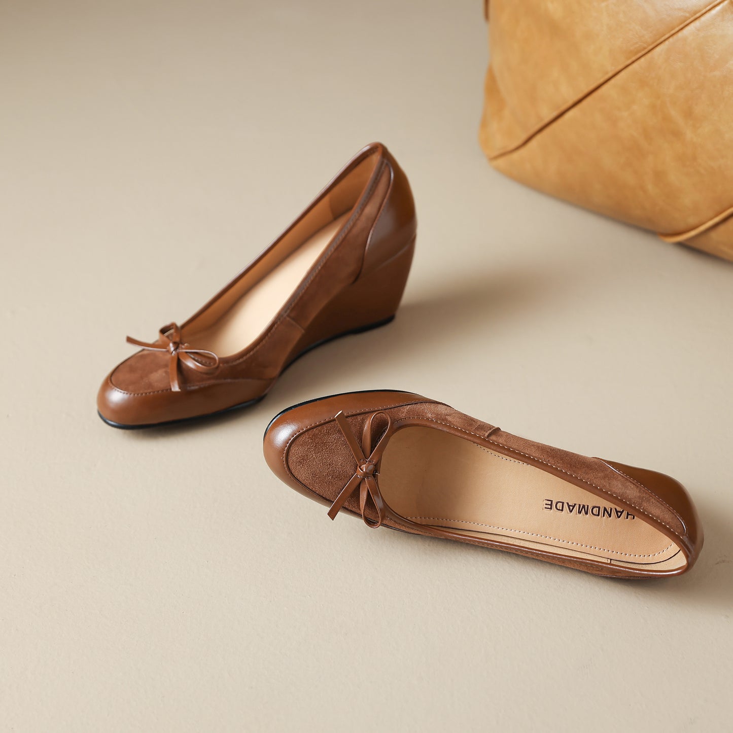 TinaCus Handmade Women's Suede Leather Round Toe Slip On Mid Wedge Heel Pumps Shoes