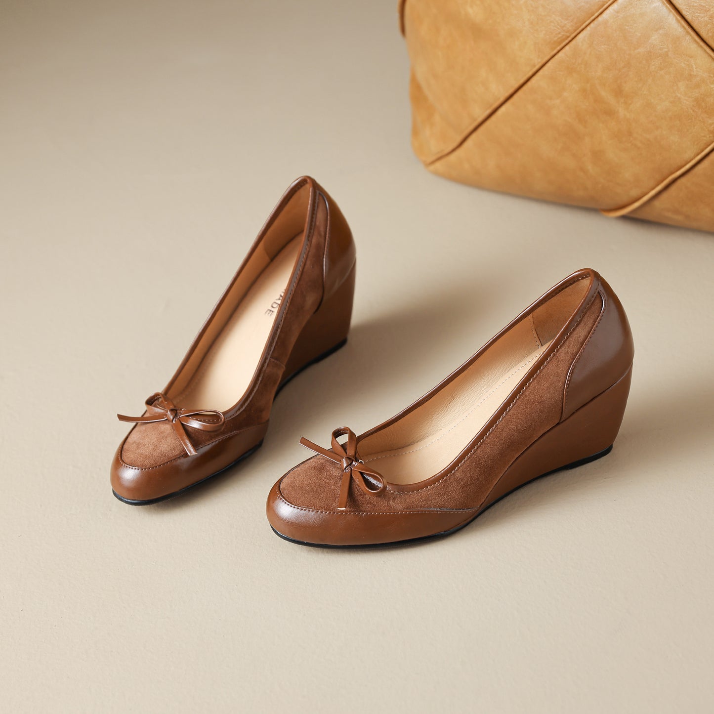 TinaCus Handmade Women's Suede Leather Round Toe Slip On Mid Wedge Heel Pumps Shoes