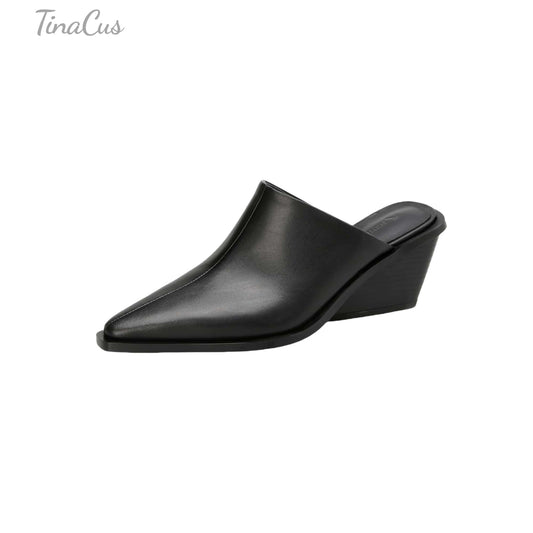 TinaCus Handmade Women's Genuine Leather Pointed Toe Wedge Heel Backless Mules Shoes