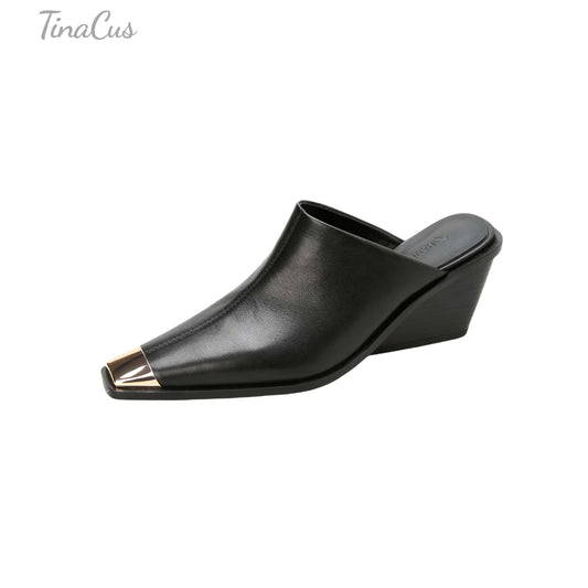 TinaCus Handmade Women's Genuine Leather Cap-Toe Stackled Heel Backless Mules Shoes