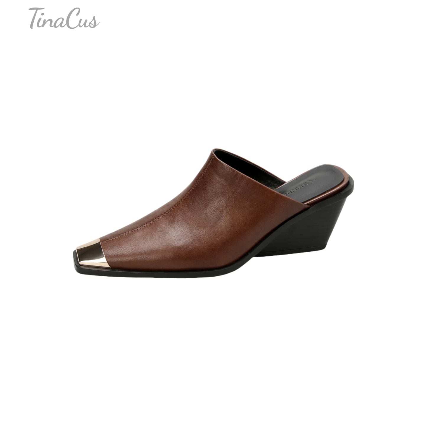 TinaCus Handmade Women's Genuine Leather Cap-Toe Stackled Heel Backless Mules Shoes