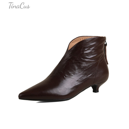 TinaCus Women's Handmade Genuine Leather Pointed Toe Low Kitten Heel V-Cutting Ankle Boots