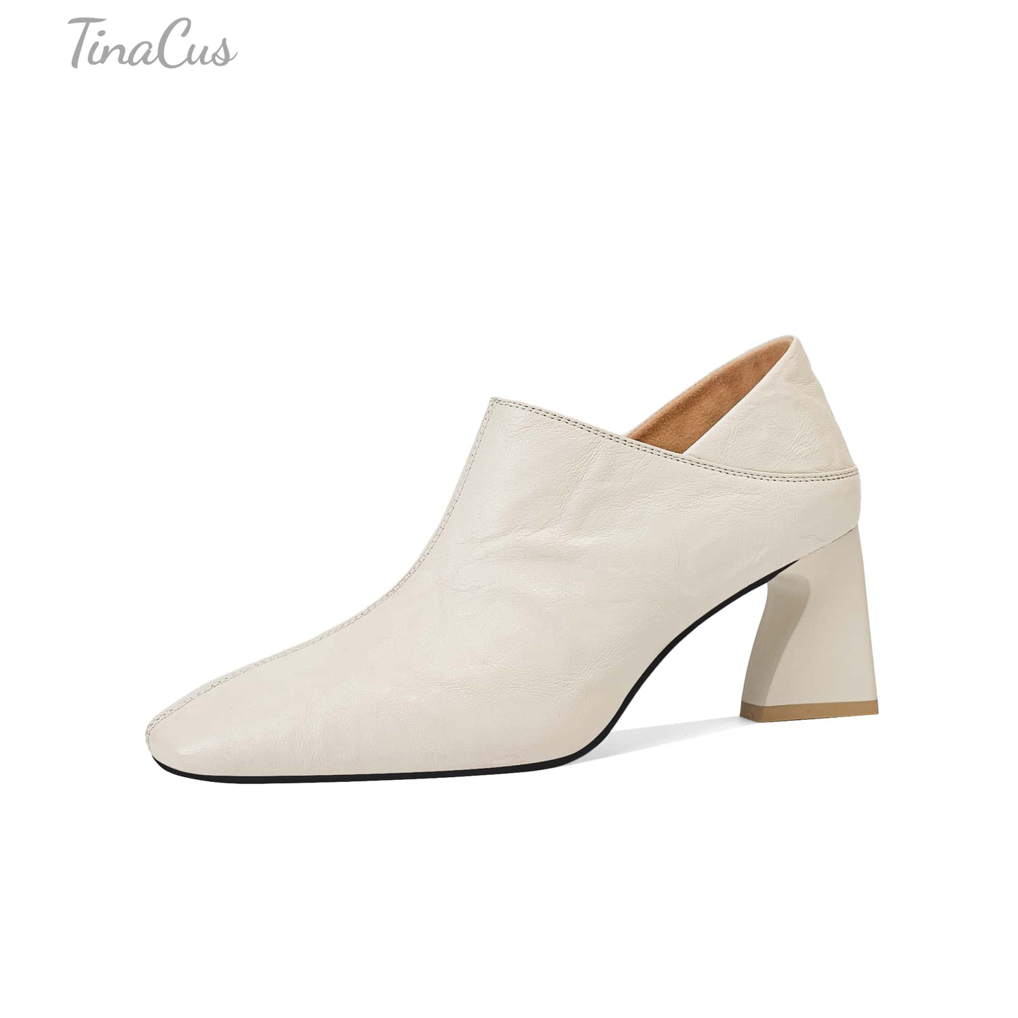 TinaCus Handmade Women's Genuine Leather Square Toe V-Cut Side Zipper Mid Block Heel Loafers Shoes