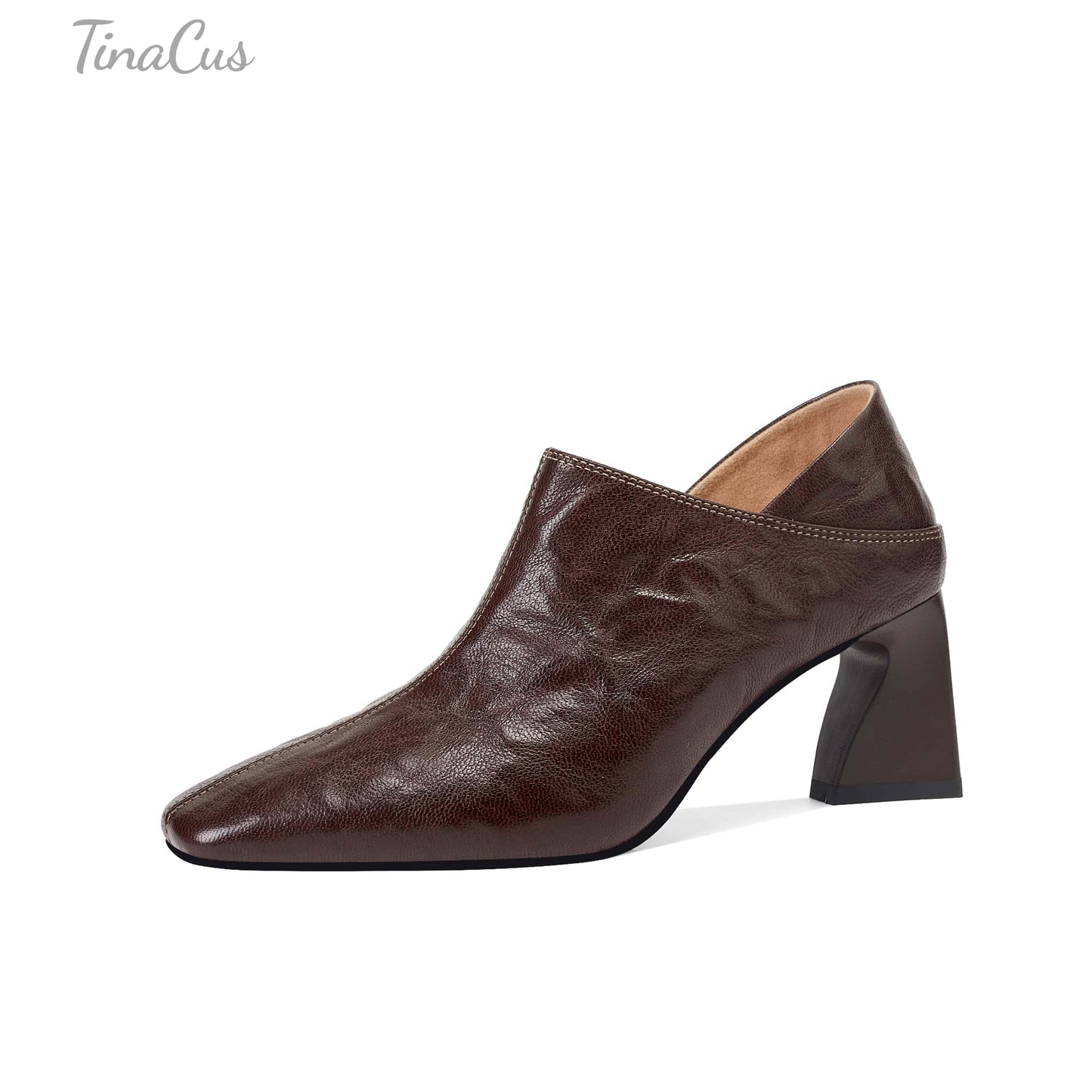 TinaCus Handmade Women's Genuine Leather Square Toe V-Cut Side Zipper Mid Block Heel Loafers Shoes