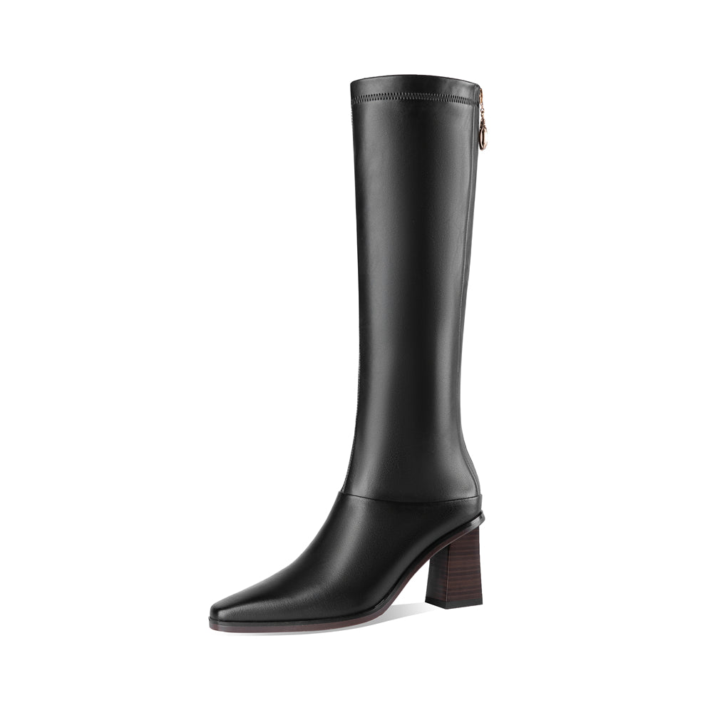 TinaCus Women's Handmade Genuine Leather Littele Square Toe Mid Block Heel Zip Up Knee High Boots with Exquisite Puller