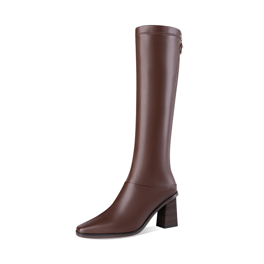 TinaCus Women's Handmade Genuine Leather Littele Square Toe Mid Block Heel Zip Up Knee High Boots with Exquisite Puller
