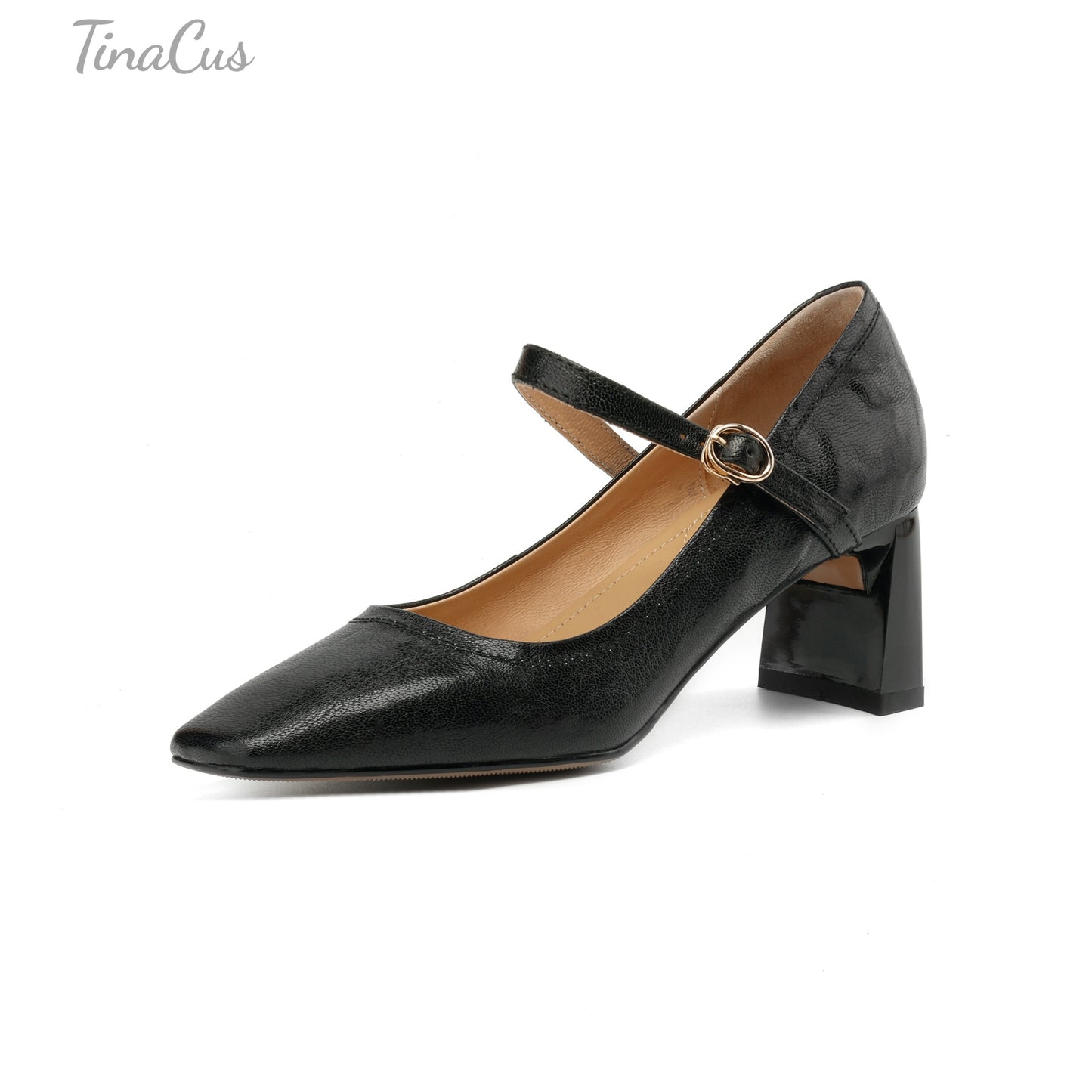 TinaCus Women's Square Toe Genuine Leather Adjustable Strap Buckle Mid Block Heels Handmade Mary Jane Pumps