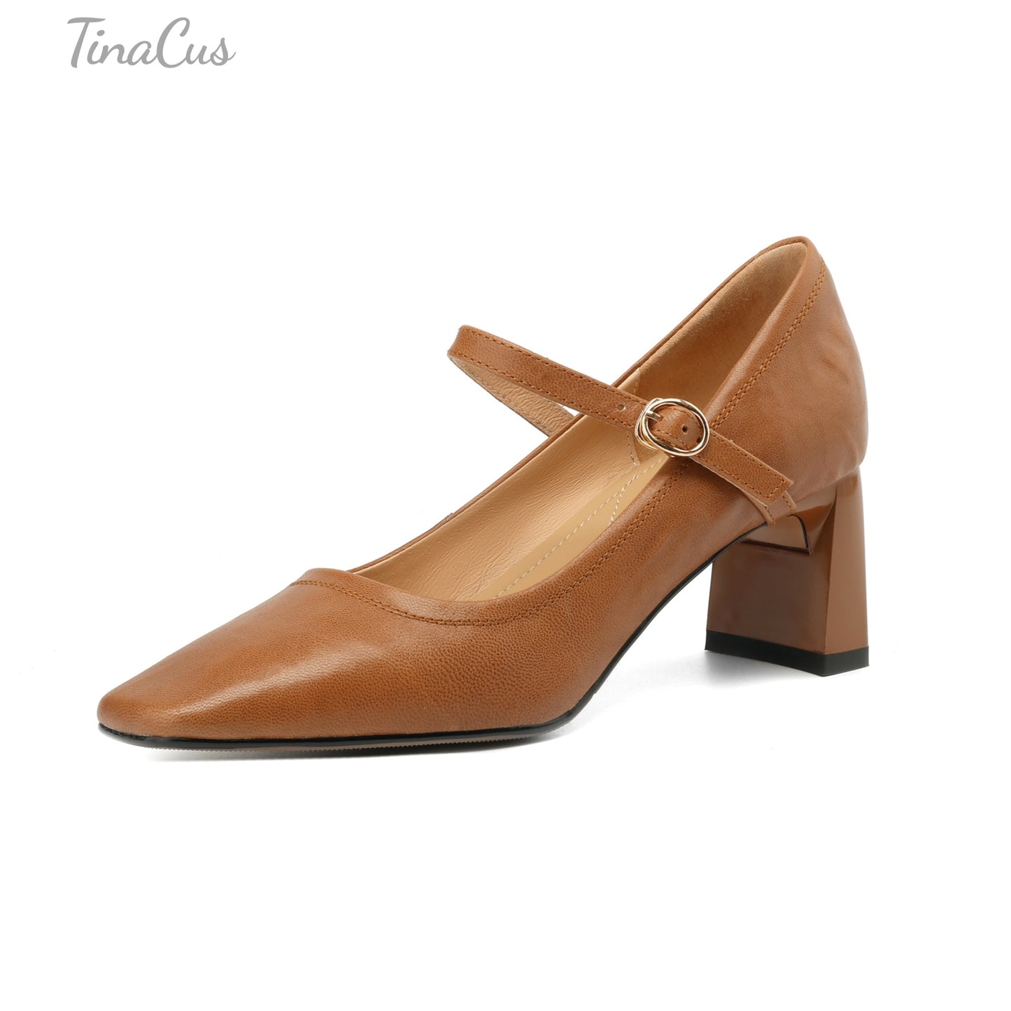 TinaCus Women's Square Toe Genuine Leather Adjustable Strap Buckle Mid Block Heels Handmade Mary Jane Pumps