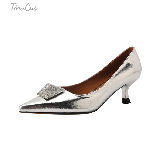 TinaCus Genuine Leather Women's Pointed Toe Handmade Kitten Heels Slip On Dress Pumps Shoes
