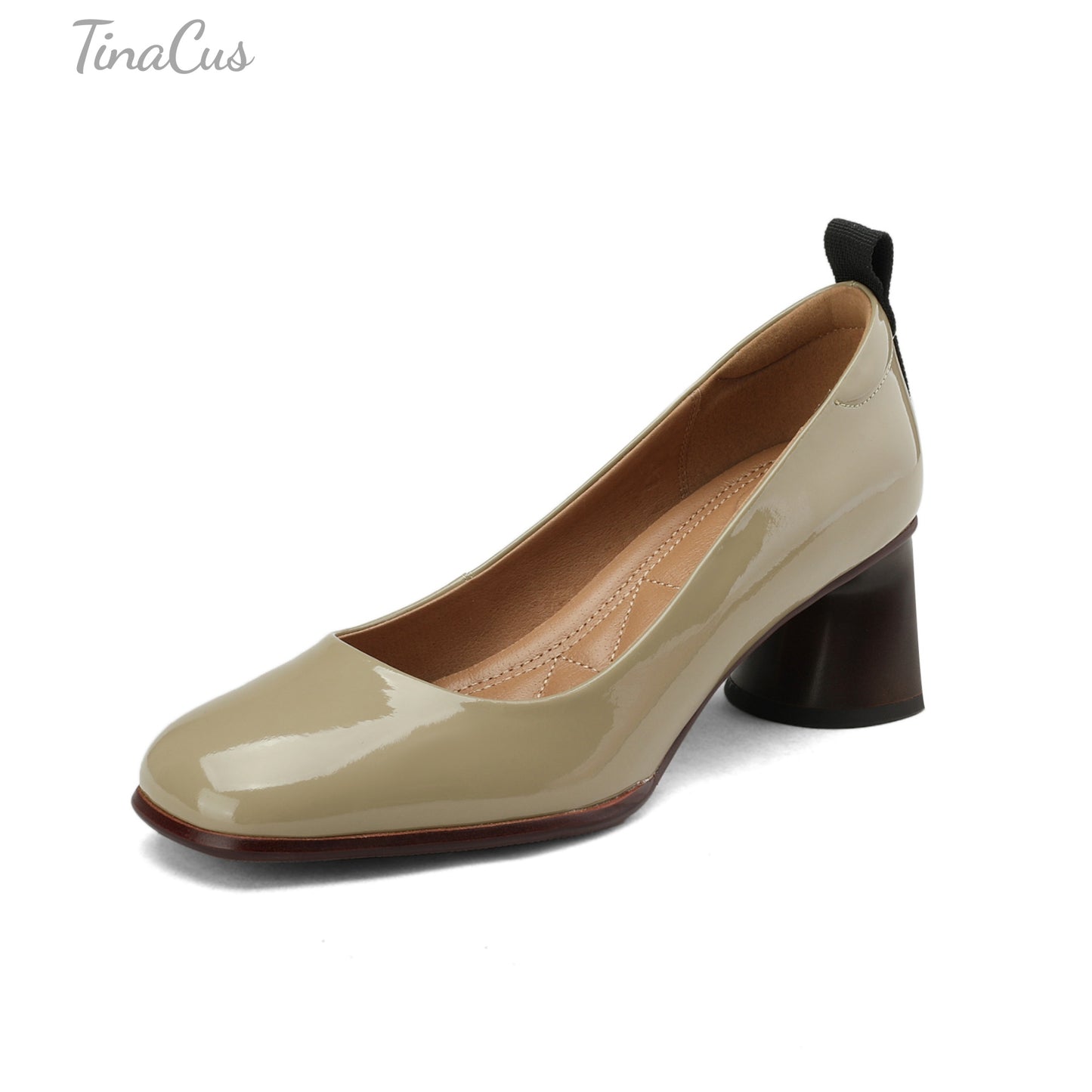 TinaCus Glossy Patent Leather Women's Round Toe Handmade Chunky Heels Trendy Pumps Shoes