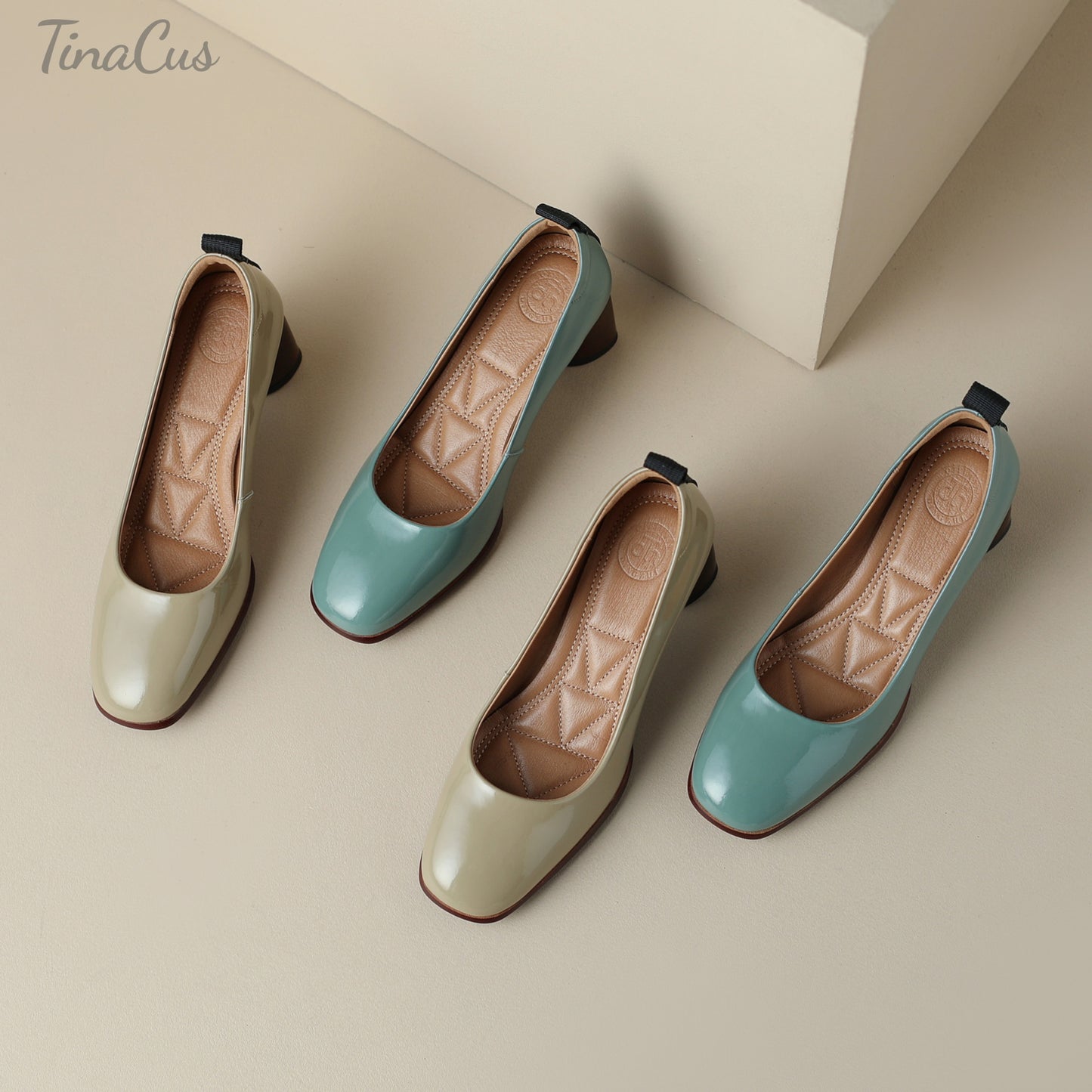 TinaCus Glossy Patent Leather Women's Round Toe Handmade Chunky Heels Trendy Pumps Shoes