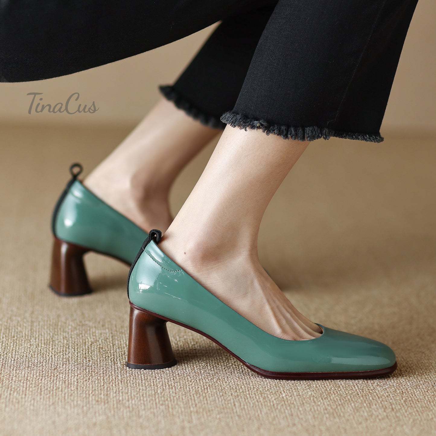 TinaCus Glossy Patent Leather Women's Round Toe Handmade Chunky Heels Trendy Pumps Shoes