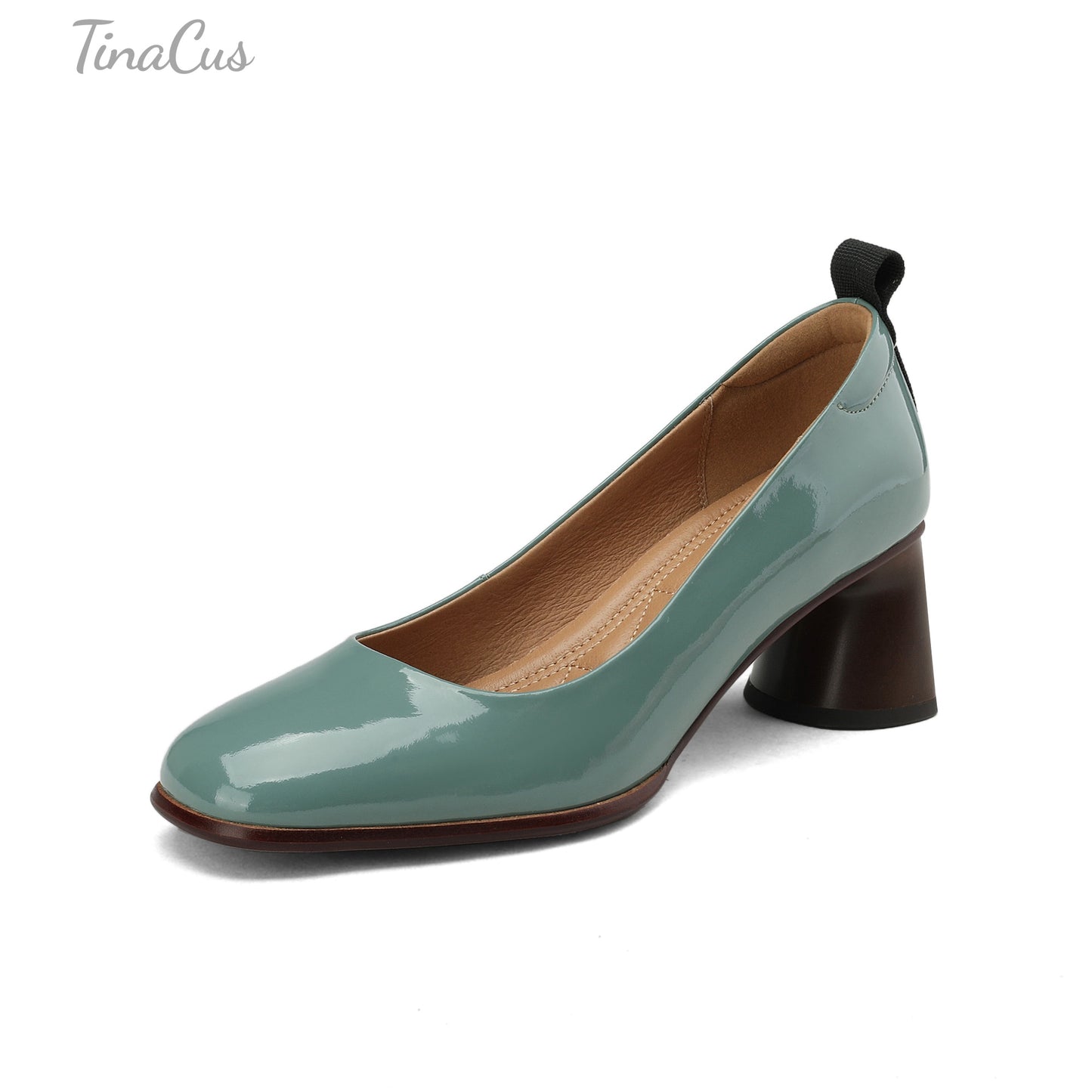 TinaCus Glossy Patent Leather Women's Round Toe Handmade Chunky Heels Trendy Pumps Shoes