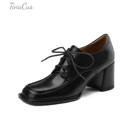 TinaCus Handmade Women's Genuine Leather Square Toe Mid Block Heel Oxford Shoes
