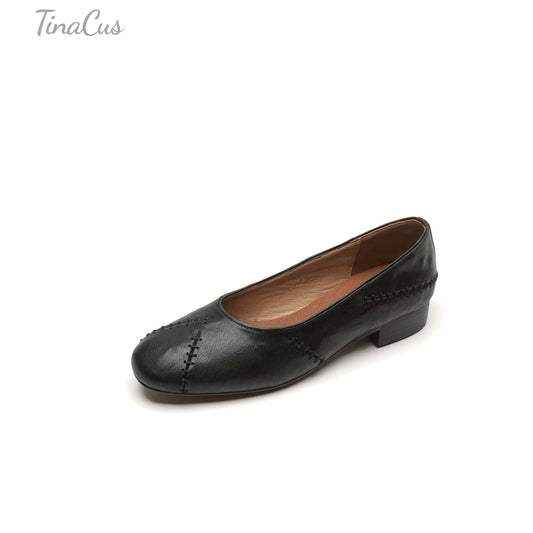 TinaCus Handmade Women's Genuine Leather Slip On Stitching Round Toe Comfortable Office Shoes