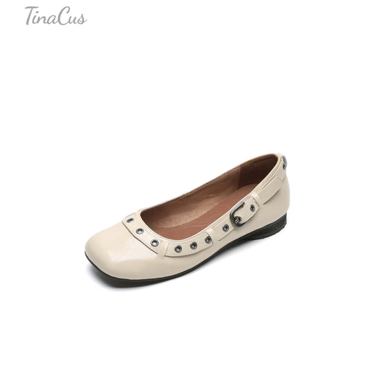 TinaCus Handmade Women's Genuine Leather Square Toe Decor Belt Casual Cute Flats