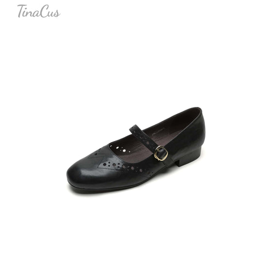 TinaCus Handmade Women's Genuine Leather Round Toe Perforated Ballet Flats with Adjustable Buckle