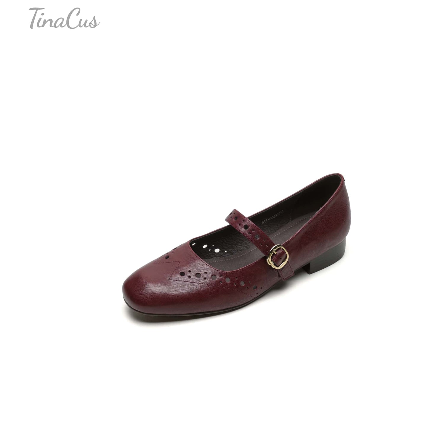 TinaCus Handmade Women's Genuine Leather Round Toe Perforated Ballet Flats with Adjustable Buckle