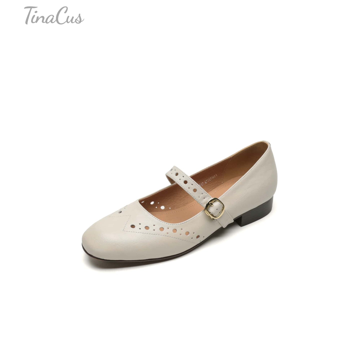 TinaCus Handmade Women's Genuine Leather Round Toe Perforated Ballet Flats with Adjustable Buckle