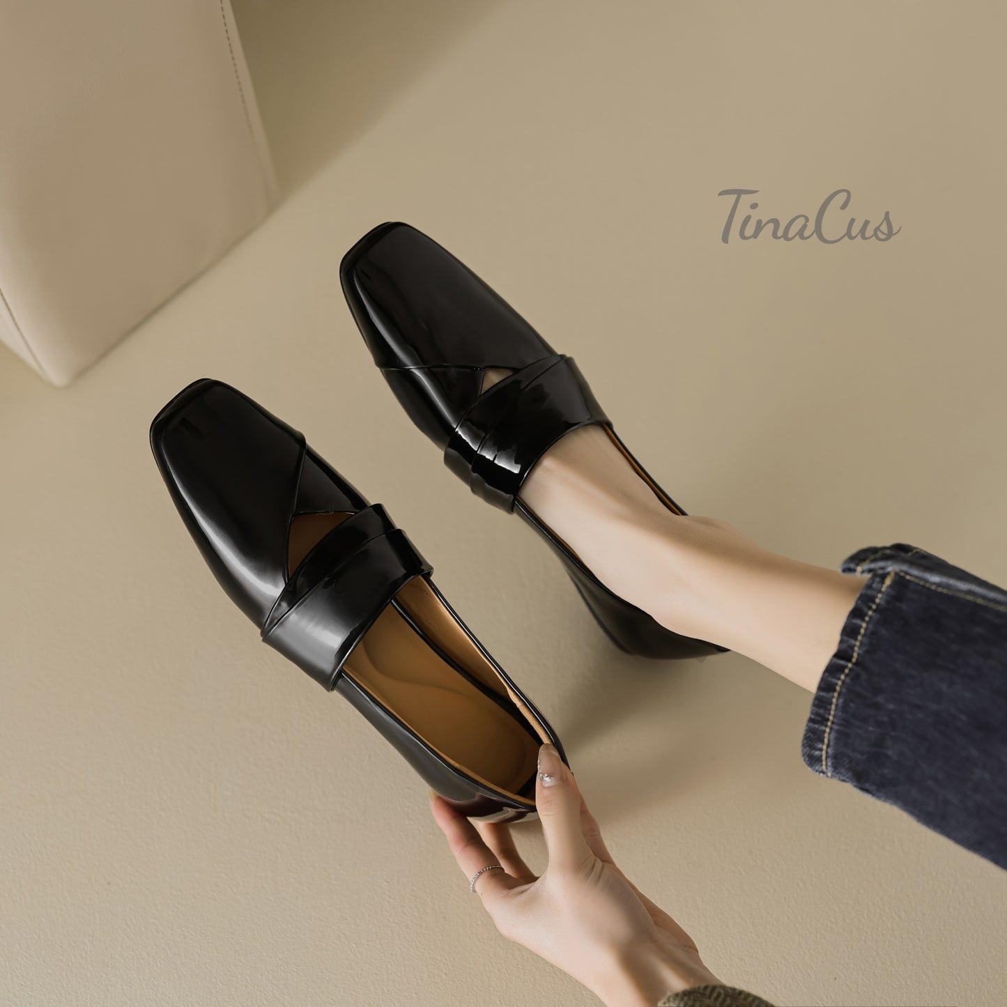 TinaCus Glossy Patent Leather Handmade Square Toe Women's Casual Flat Shoes