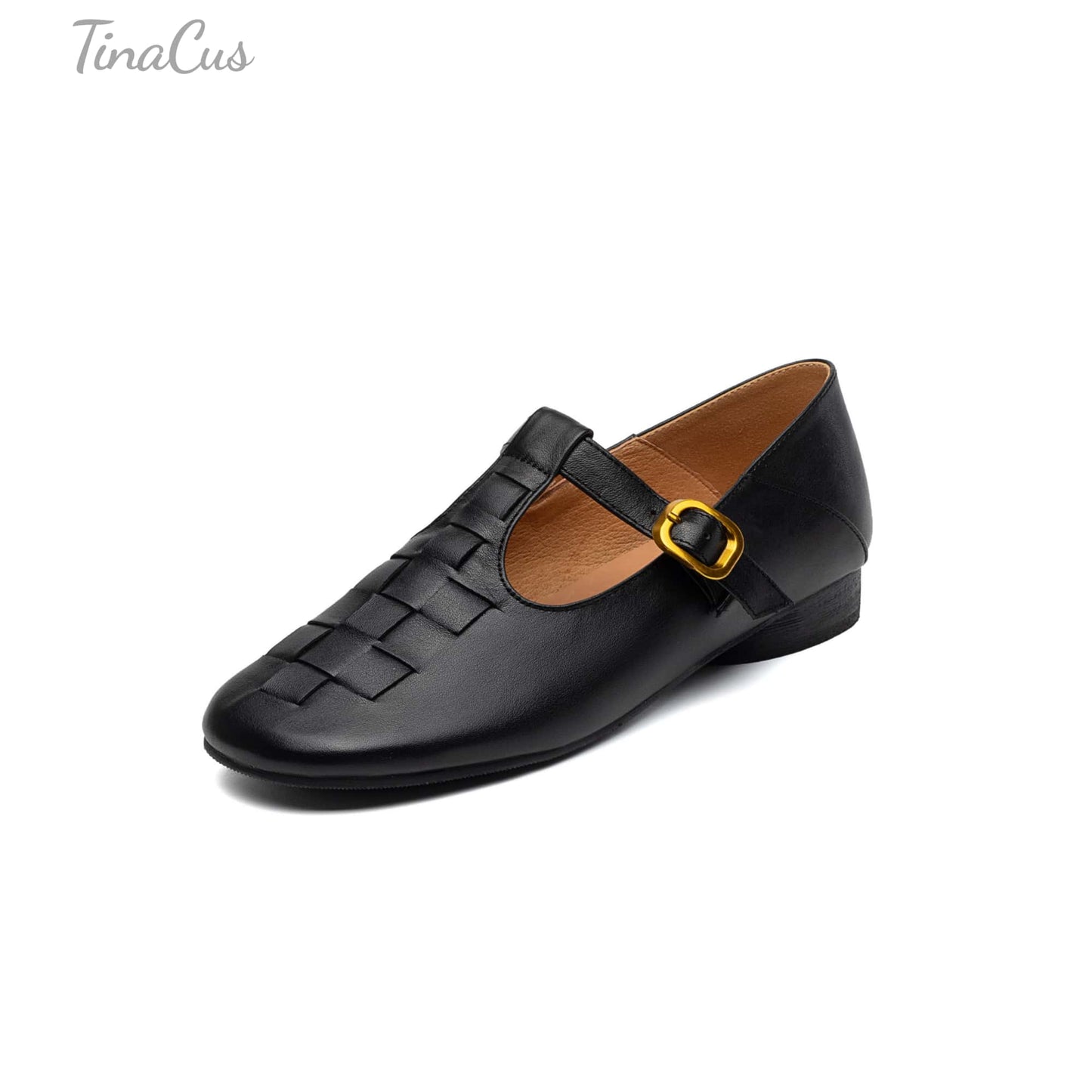 TinaCus Women's Soft Leather Round Toe Weave T-Strap Stacked Heel Mary Jane Flats Shoes