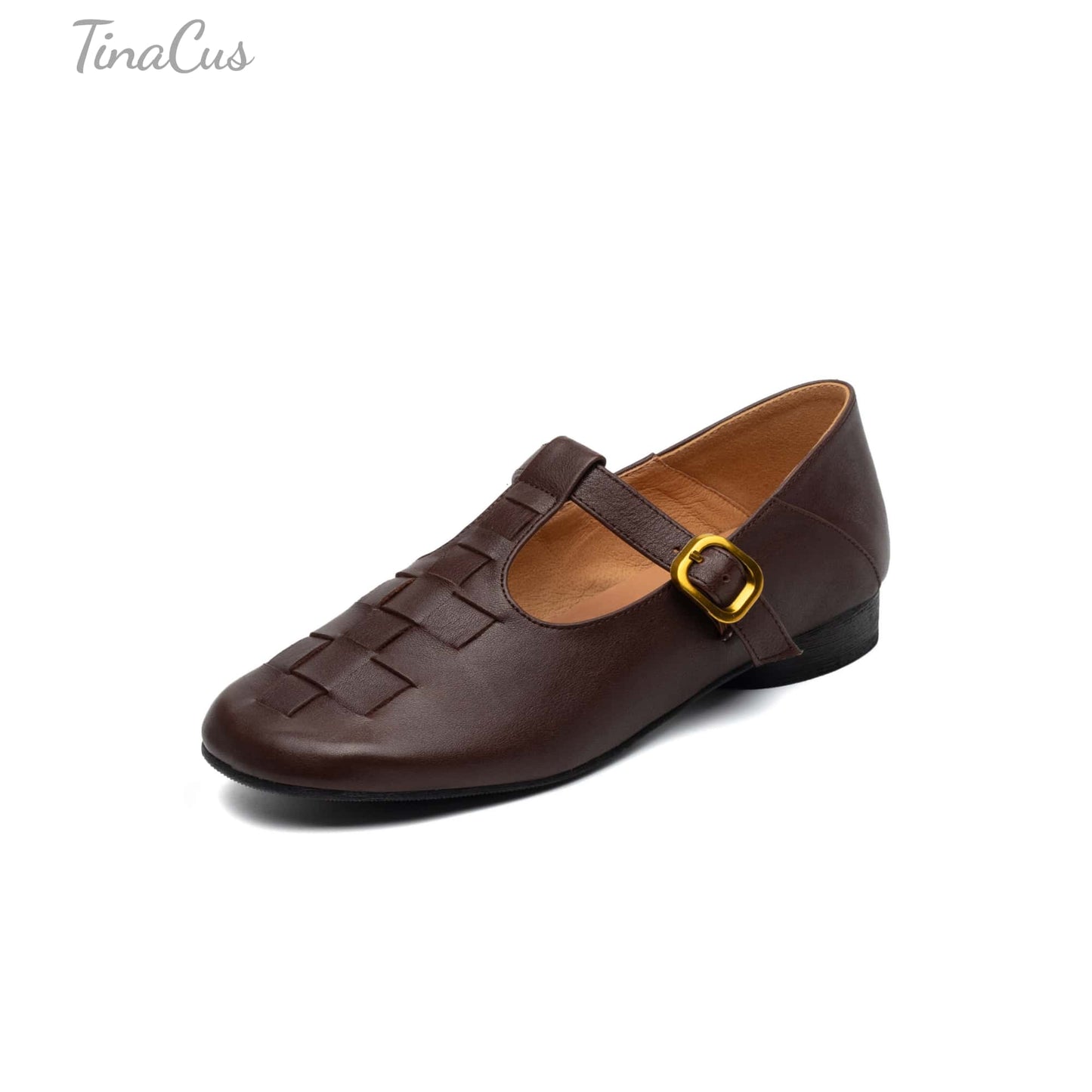 TinaCus Women's Soft Leather Round Toe Weave T-Strap Stacked Heel Mary Jane Flats Shoes