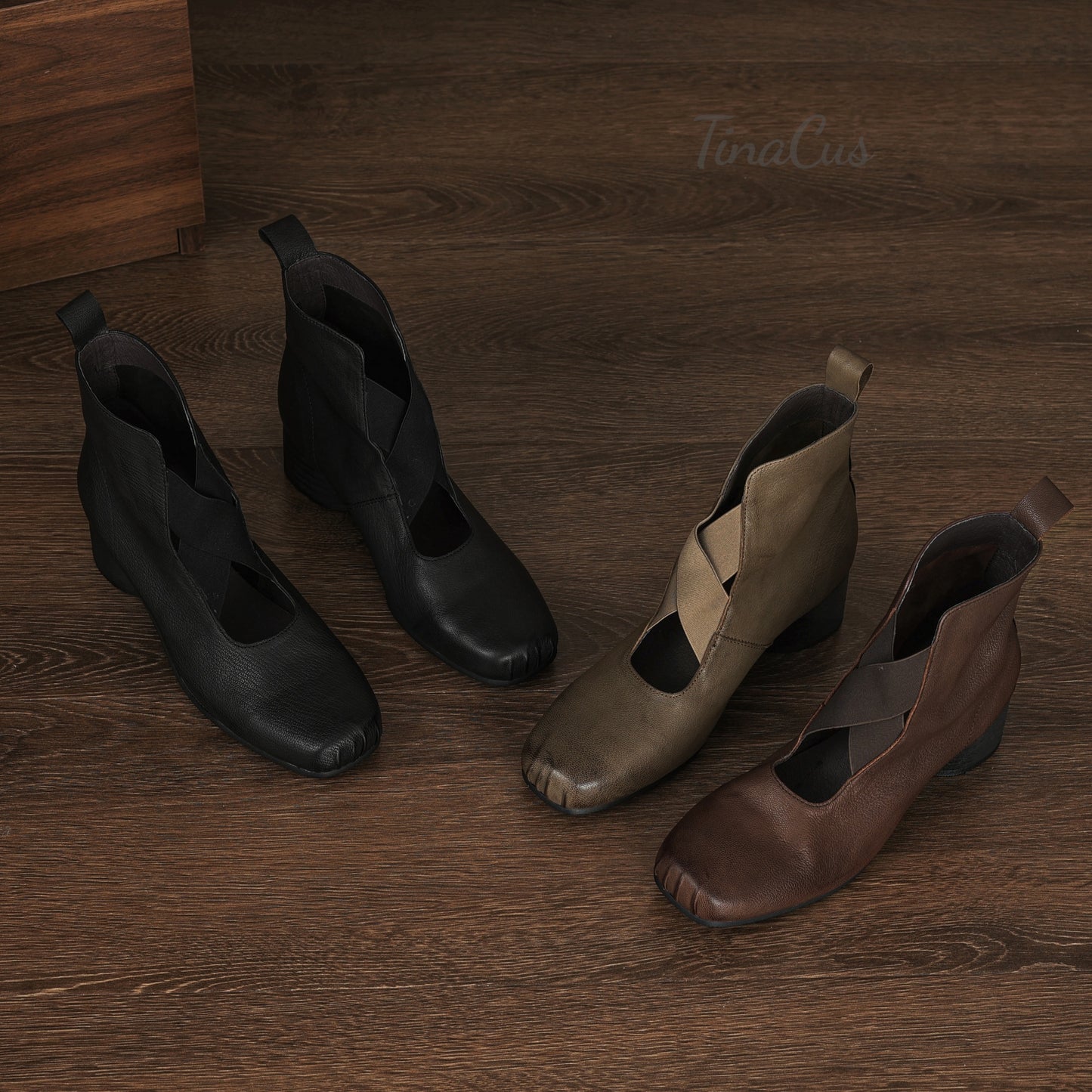 TinaCus Women's Ballet Ankle Boots Genuine Leather Square Toe Handmade Chunky Heels Slip on Booties