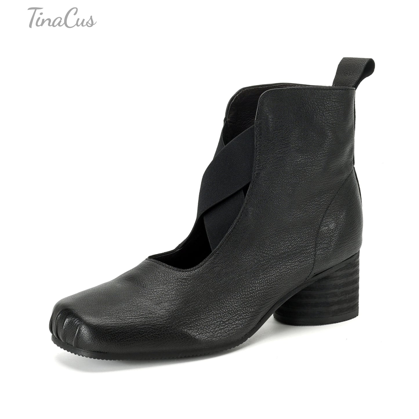TinaCus Women's Ballet Ankle Boots Genuine Leather Square Toe Handmade Chunky Heels Slip on Booties