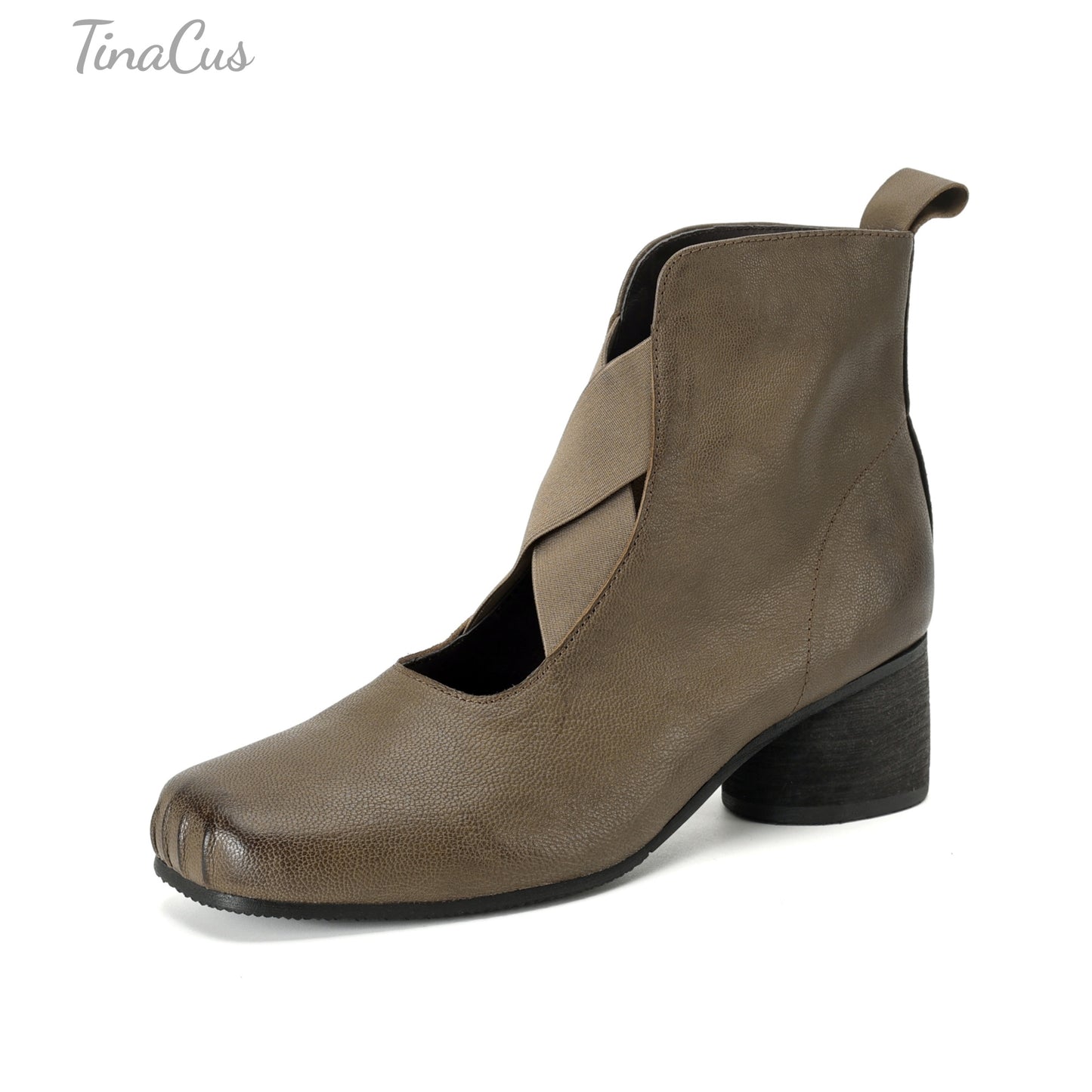 TinaCus Women's Ballet Ankle Boots Genuine Leather Square Toe Handmade Chunky Heels Slip on Booties