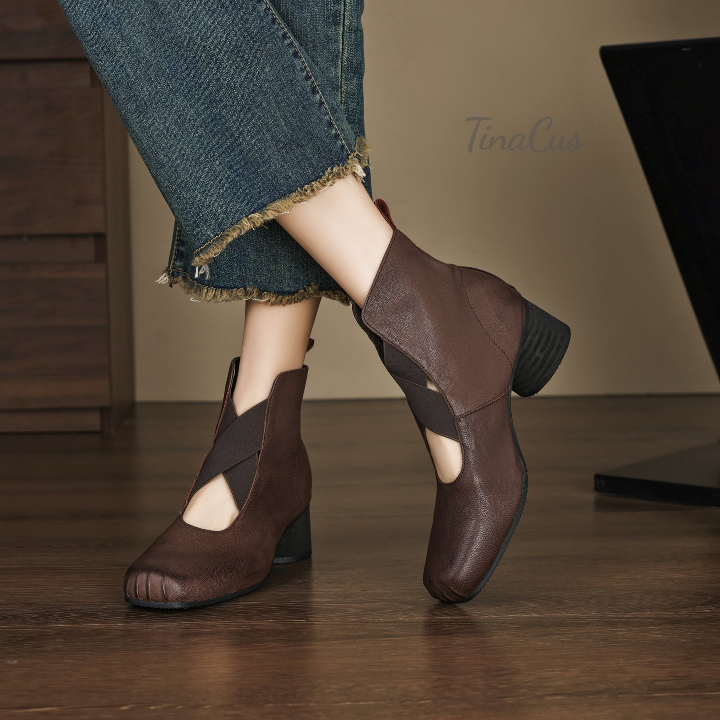 TinaCus Women's Ballet Ankle Boots Genuine Leather Square Toe Handmade Chunky Heels Slip on Booties