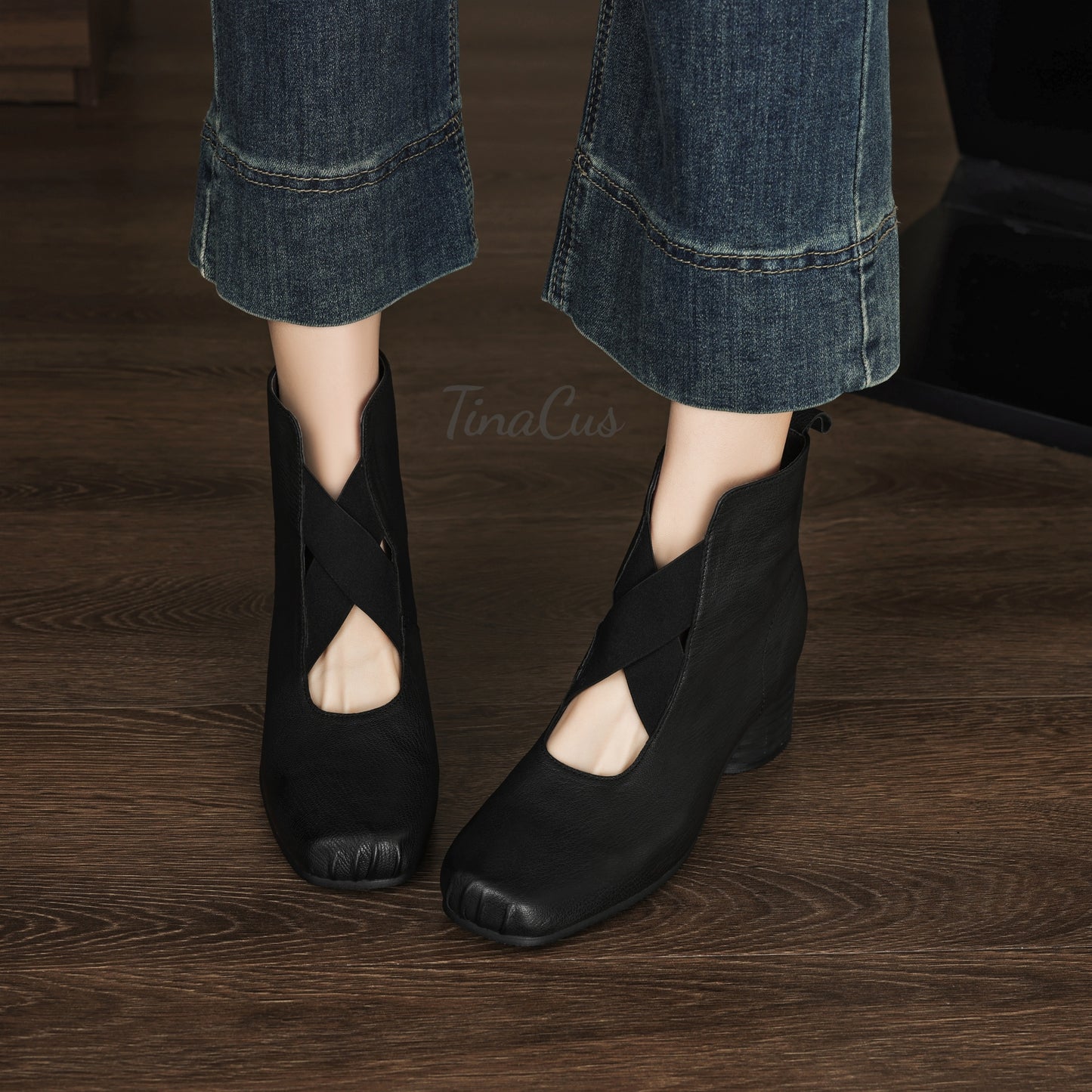 TinaCus Women's Ballet Ankle Boots Genuine Leather Square Toe Handmade Chunky Heels Slip on Booties