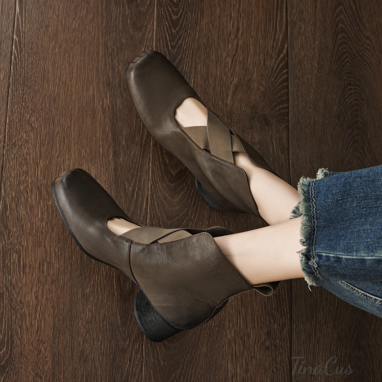 TinaCus Women's Ballet Ankle Boots Genuine Leather Square Toe Handmade Chunky Heels Slip on Booties