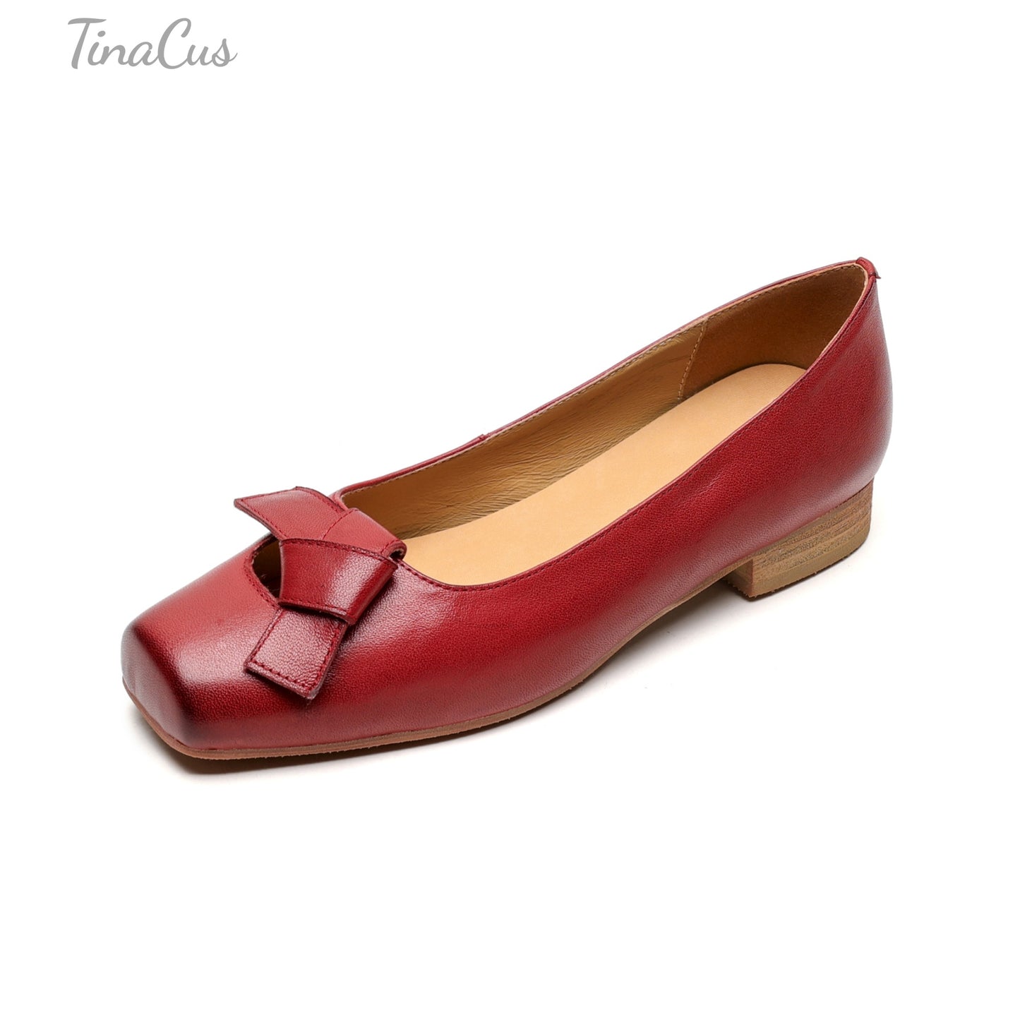 TinaCus Women's Square Toe Genuine Leather Handmade Knot Slip on Comfortable Flat Shoes